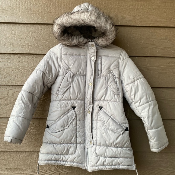 London Fog Girls Hooded Puffer Winter Jacket M( 10/12) light gray - Picture 1 of 16